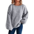 thumbnail image 2 of Women's Solid Color Casual Loose Knit Sweater Round Neck Long Sleeved Pullover for Fall Winter Everyday Essentials,Gray,L, 2 of 5