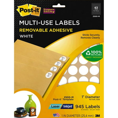 Post-It Multi-Use Labels - Removable adhesive - white - 1 in round 945 roll(s) (15 sheet(s) x 63 ...