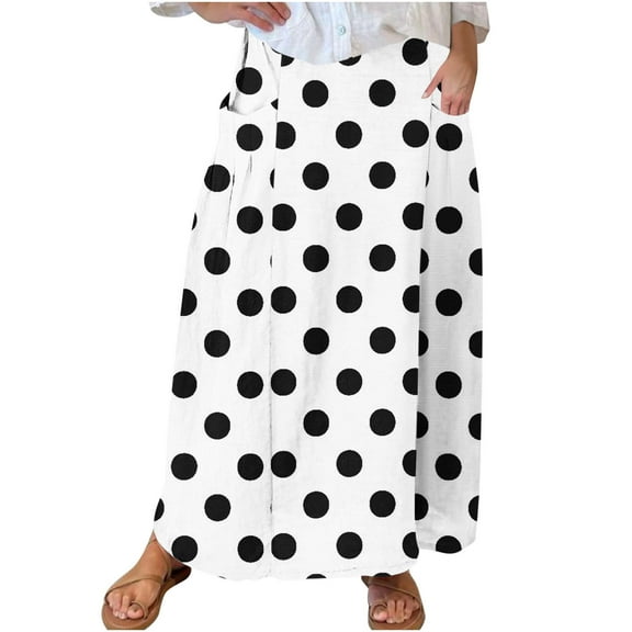 Gfyviroh Plus Size Skirts for Women Dot Print Pleated Maxi Skirts with Pockets Casual Summer Elastic Waist Skirts
