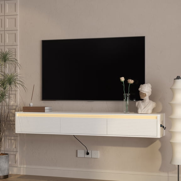 CQSXDA TV Stand With Led Lights And Power Outlet Fluted Design Wall Mounted Shelf For Living Room Entertainment Area