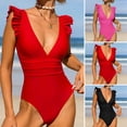 thumbnail image 4 of Women One-piece Monokini Ruffle Edge Deep V Neck Sleeveless Solid Color Elastic Soft Quick Dry Tight Waist Detachable Pads Wireless Surfing Wading Sports Swimsuit, 4 of 7