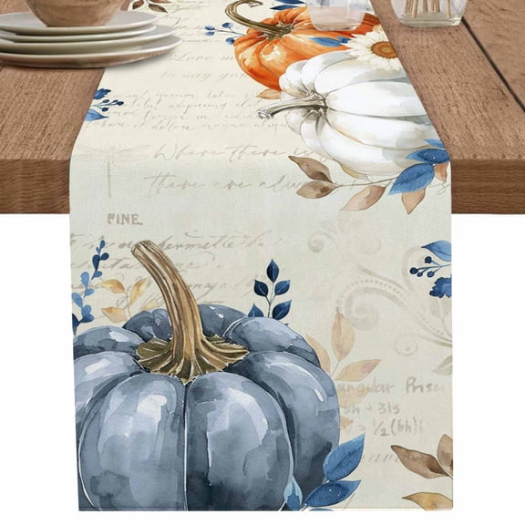 nqOlkjepod Fall Beige Pumpkin Table Runner 72 Inches Long Farmhouse Dress Scarves, Thanksgiving Eucalyptus Leaves Retro Dining Tablerunner for Coffee Table/Kitchen Island/Party Décor, 13" x 72"