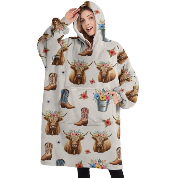 Oversized Wearable Blanket Hoodie,Beige Highland Cow Boot Flower Pattern Sherpa Blanket Hoodie with Super Pockets,Super Warm Fuzzy Pullover for Women & Men