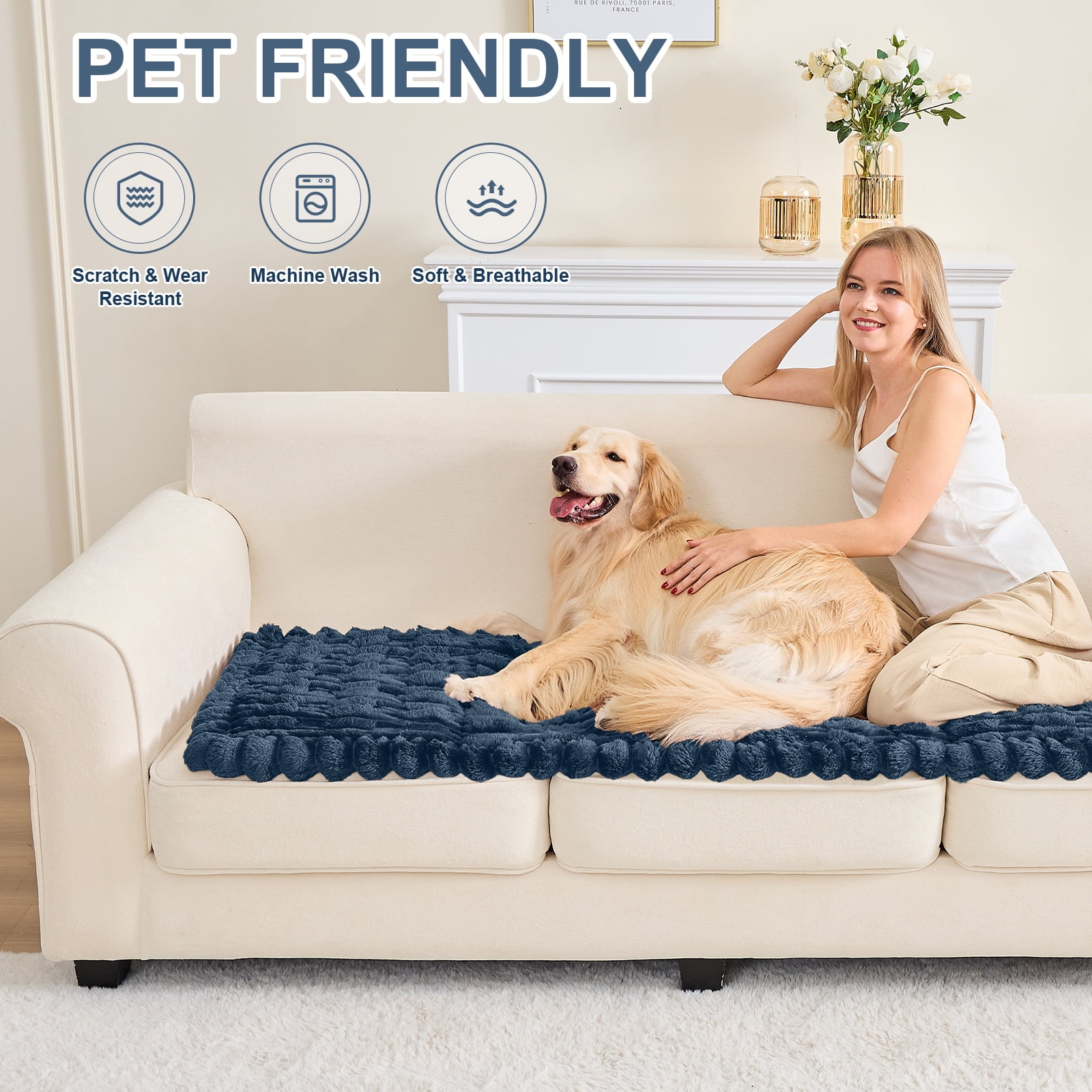 SANMADROLA Waterproof Couch Cover for Dogs Washable, Non-Slip Fuzzy Loveseat Slipcovers, Thick Soft Dog Bed Mat for 2 Cushion Sofa Pet Friendly Furniture Protector, Blue, 28" x 71"