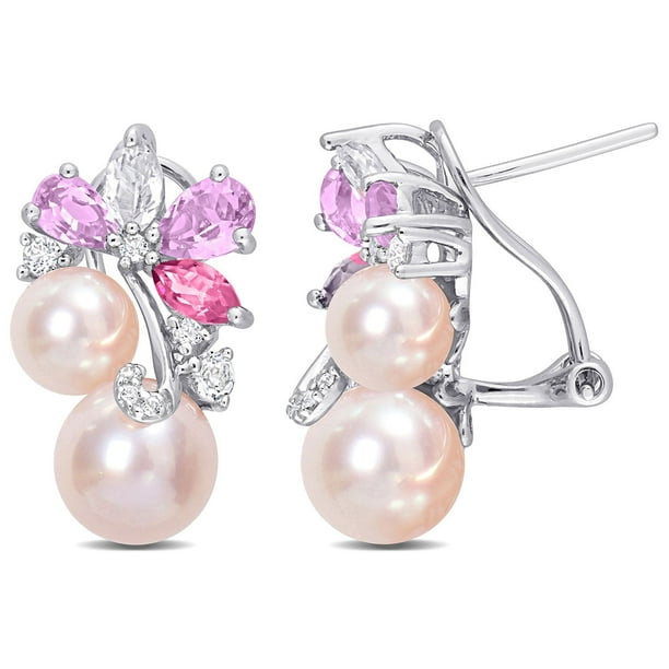 Freshwater Cultured 6-8.5mm Pearl & Gemstone Earrings in