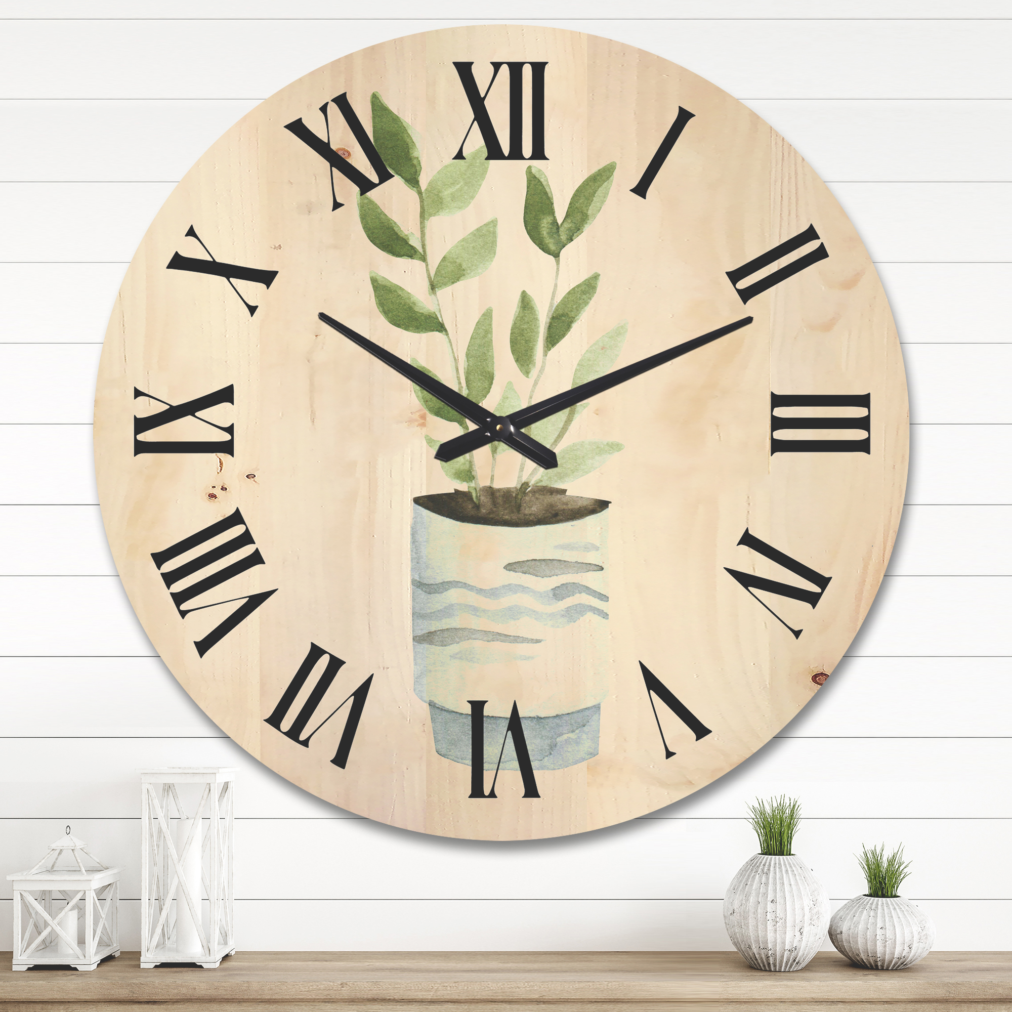 Designart 'Indoor Green Home House Plants in Pots II' Traditional Wood Wall Clock