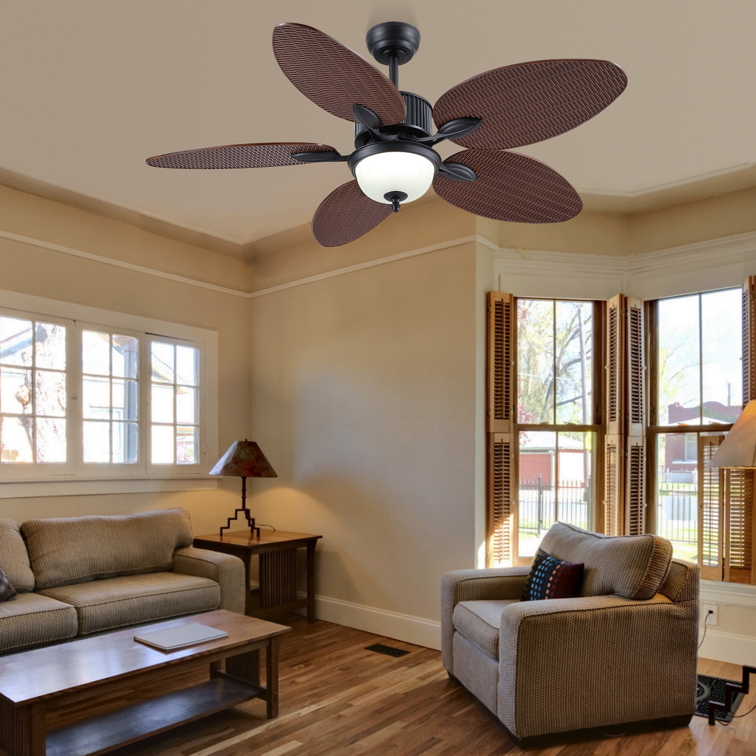 PHORUS 50" Tropical Ceiling Fan with Light and Remote/APP, Outdoor Waterproof Palm Leaf Ceiling Fan, 6 Speeds Quiet DC Motor, Wet Rated for Patio, Porch, Dark Brown