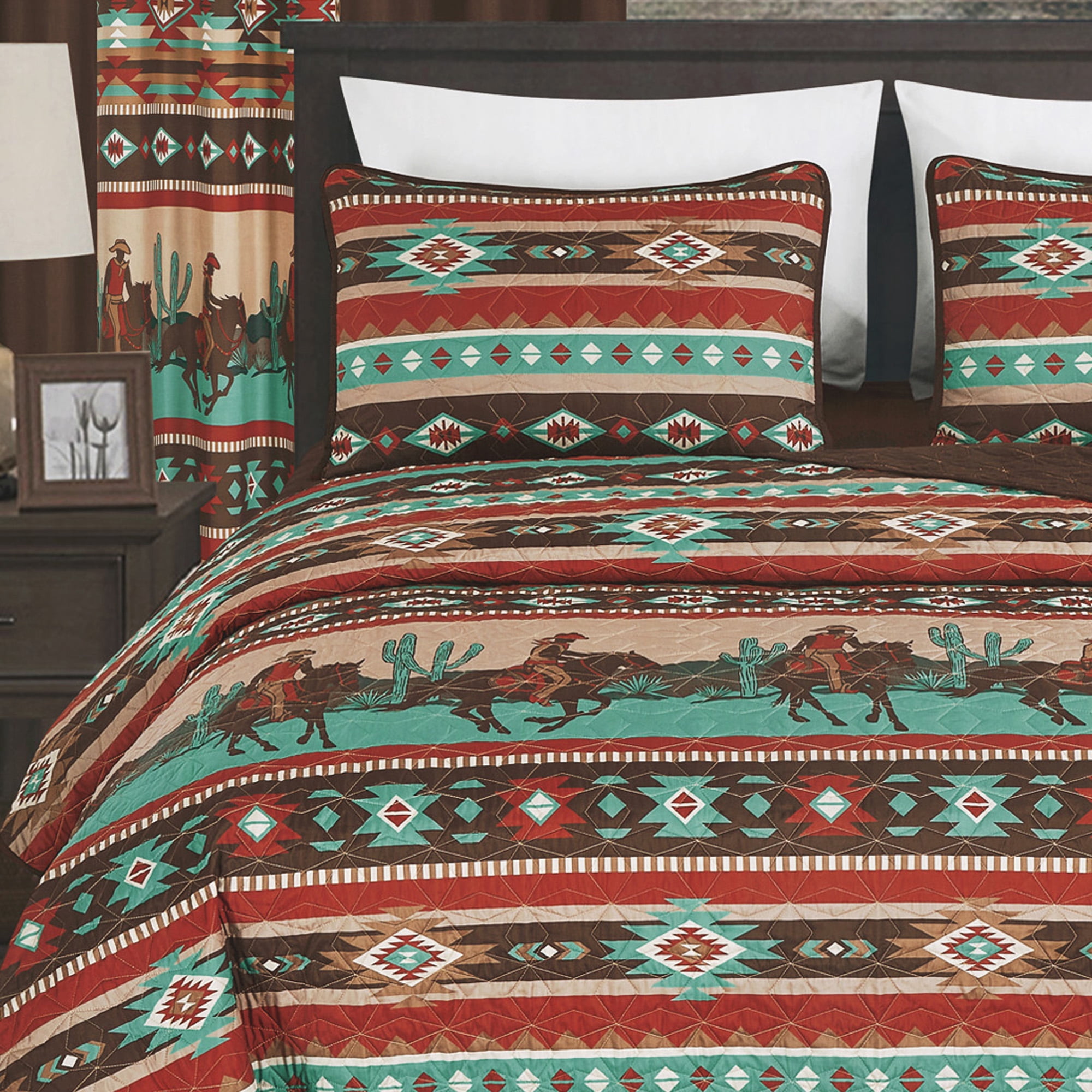 10-Piece Southwestern Cowboy Aztec Bedspread Set with Curtains – All-in-One Rustic Bedding & Window Decor, King
