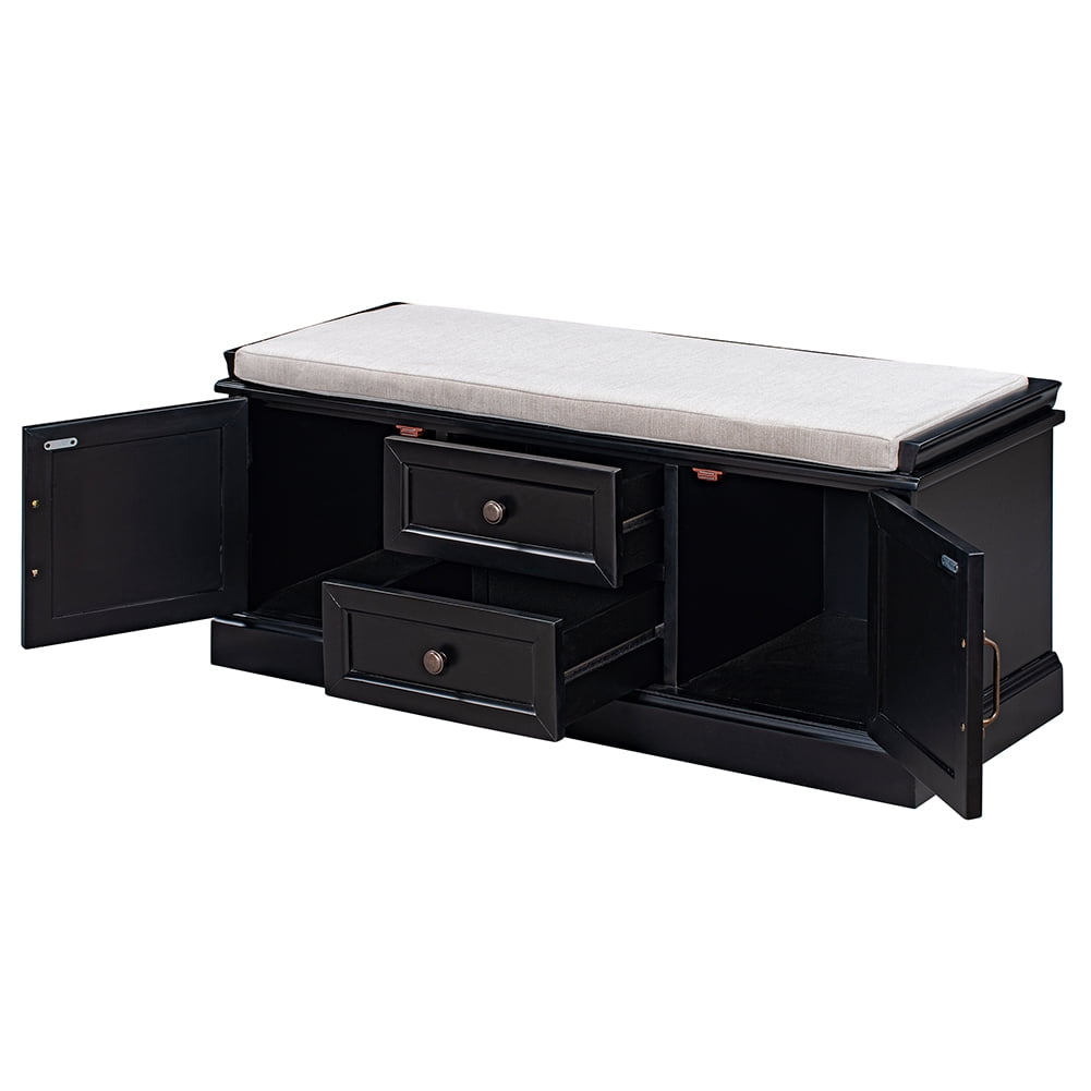 Lowestbest Storage Bench with 2 Drawers and 2 cabinets, Shoe Bench with Removable Cushion for Living Room, Entryway (Black) Lowestbest Storage Bench with 2 Drawers and 2 cabinets, Shoe Bench with Removable Cushion for Living Room, Entryway (Black)