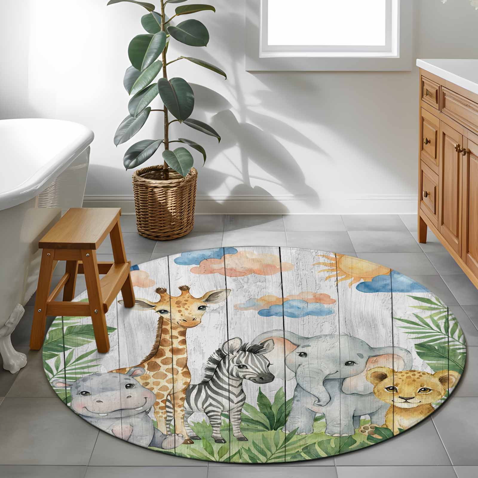 Cute Animals Round Area Rug 4Ft Washable Circle Rugs for Bedroom Dining Room, Cartoon Summer Botanical Palm Leaves Non-Slip Carpet Floor Mats Indoor Outdoor Carpet Runner Aesthetic Home Decor