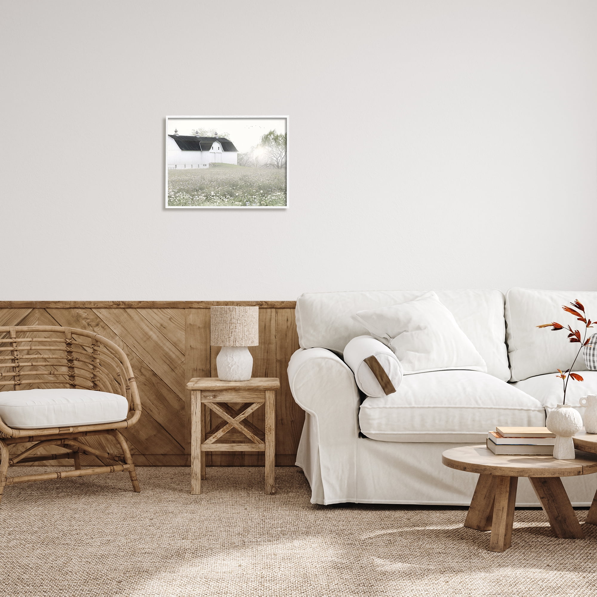 Stupell Industries Peaceful White Barn Countryside Meadow Blooming Buds Graphic Art White Framed Art Print Wall Art, Design by Lori Deiter