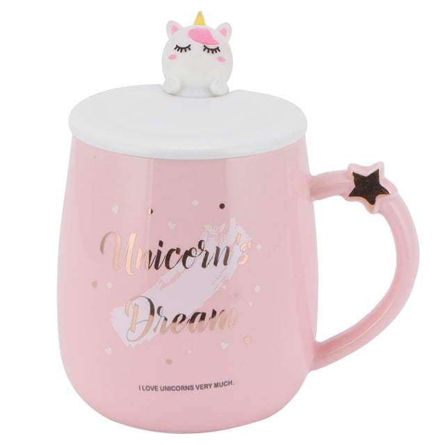 Taza de cerámica con patrón de dibujos animados, taza de café con agua y tapa, cuchara para uso en el hogar y la Oficina, color rosa