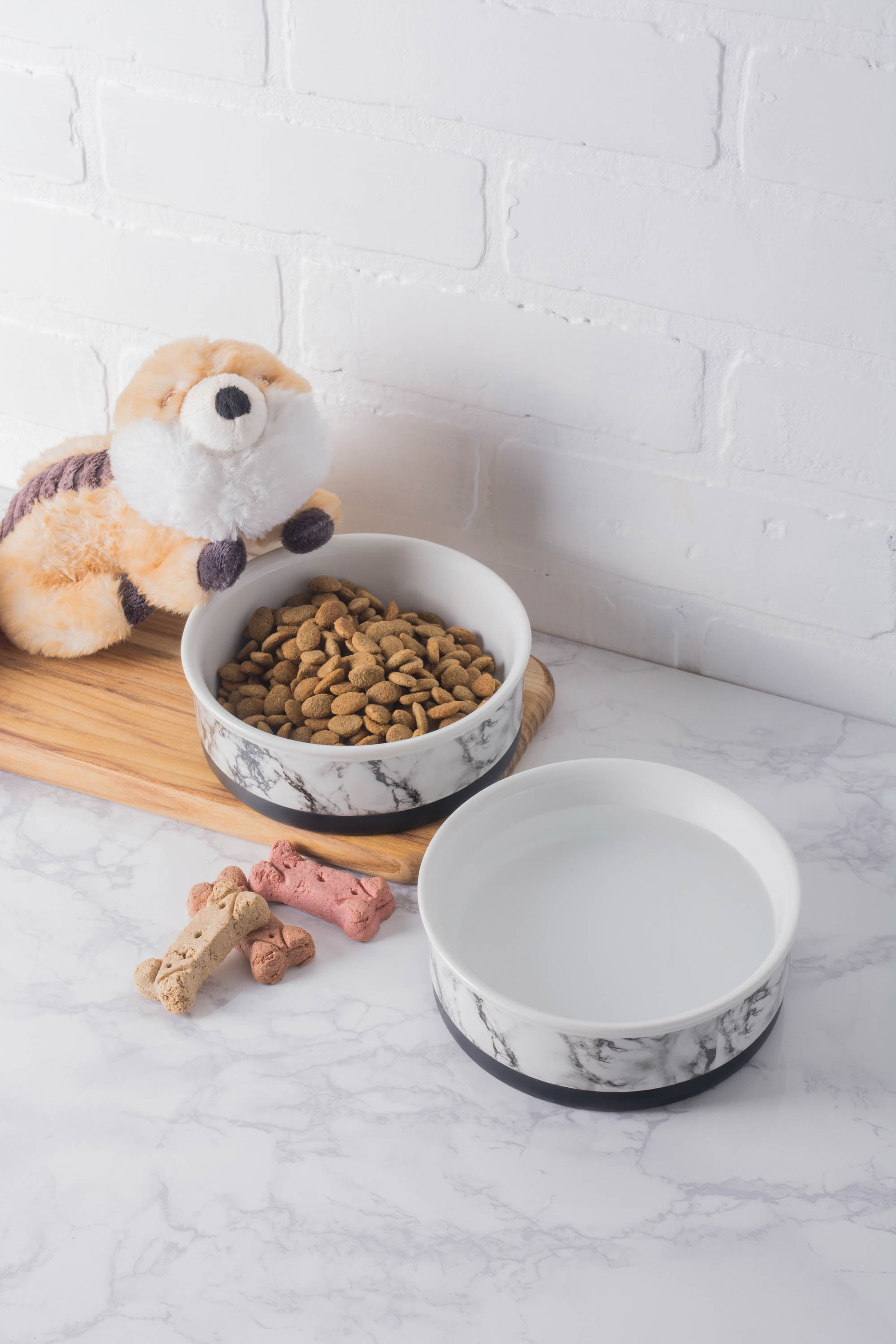 Set of 2 Vibrant Unique Small White Marble Pet Bowl, 4.25"