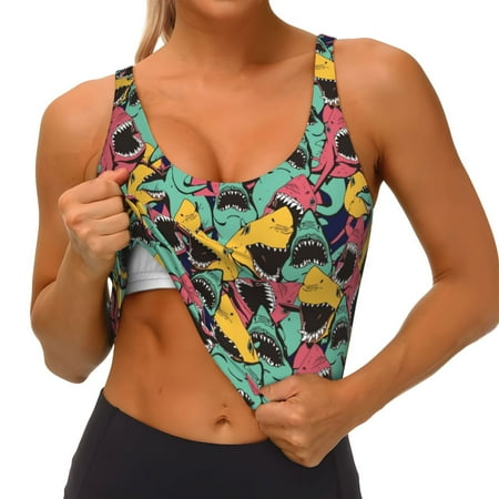 Qokaie Angry Shark Pattern Pattern Womens Scoop Neck Sports Bra Breathable Workout Vest Padded U Back Medium Impact Fitness Gym Yoga Bra Workout Crop Top