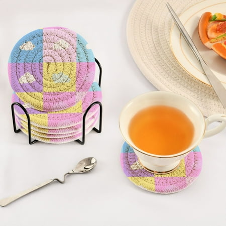 

Colorful Pattern with Clouds Set of 6 Durable Woven Polyester Coasters with Black Storage Rack 4in