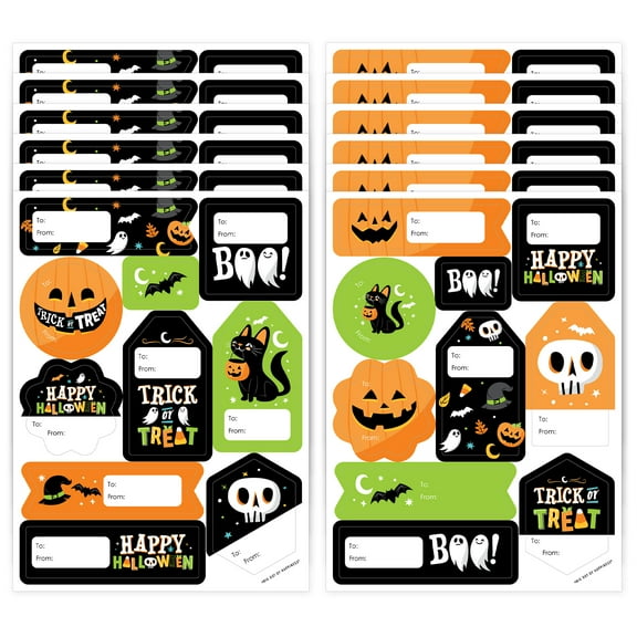 Big Dot of Happiness Jack-O'-Lantern Halloween - Assorted Kids Halloween Party Gift Tag Labels - To and From Stickers - 12 Sheets - 120 Stickers