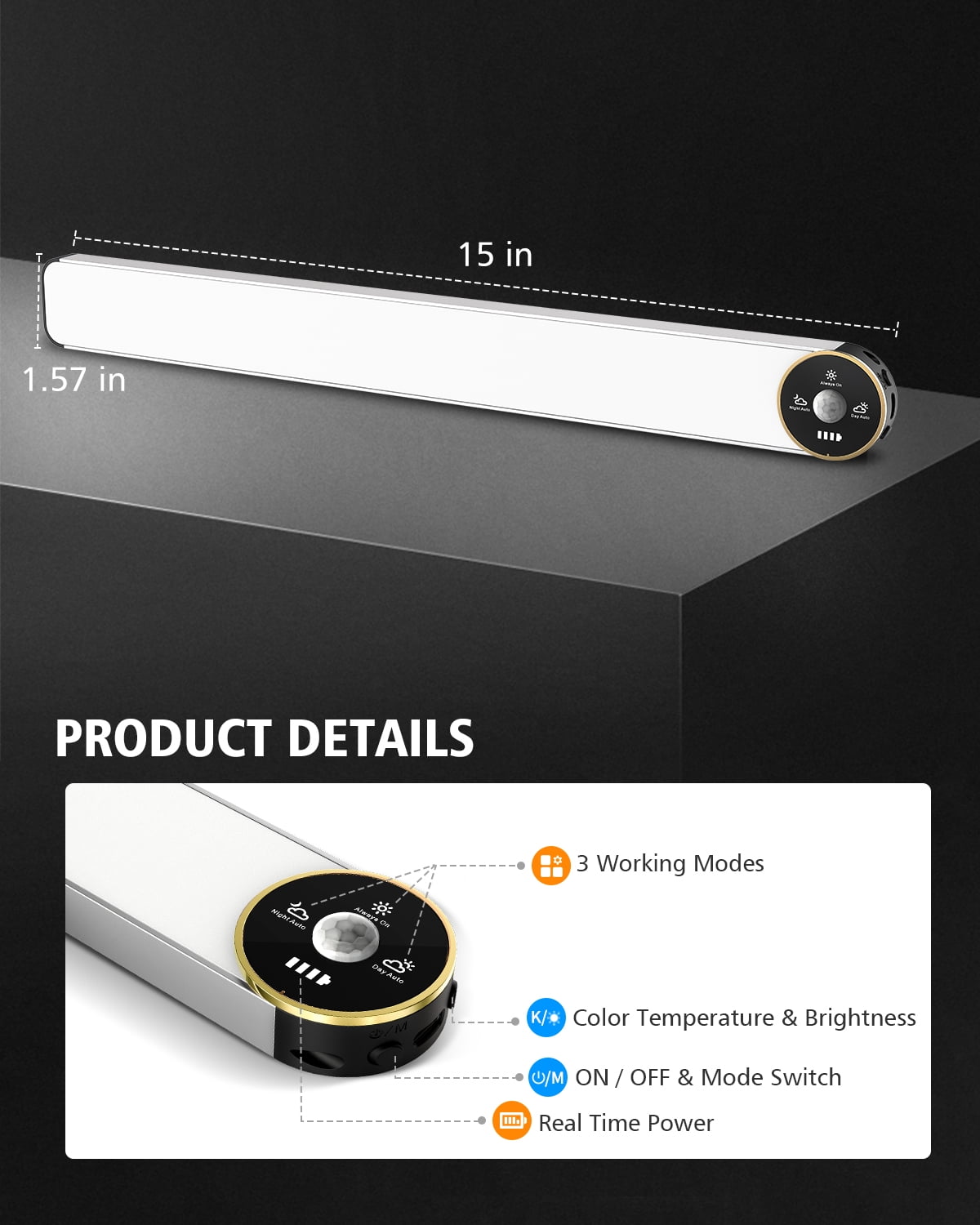 Motion Sensor Under Cabinet Lighting, 3-Color Dimmable, 84 LED 15 Inch Wireless Closet Lighting, Rechargeable 3200mAh Battery, Digital Display, Perfect for Kitchen & Indoor Use (2-Pack)