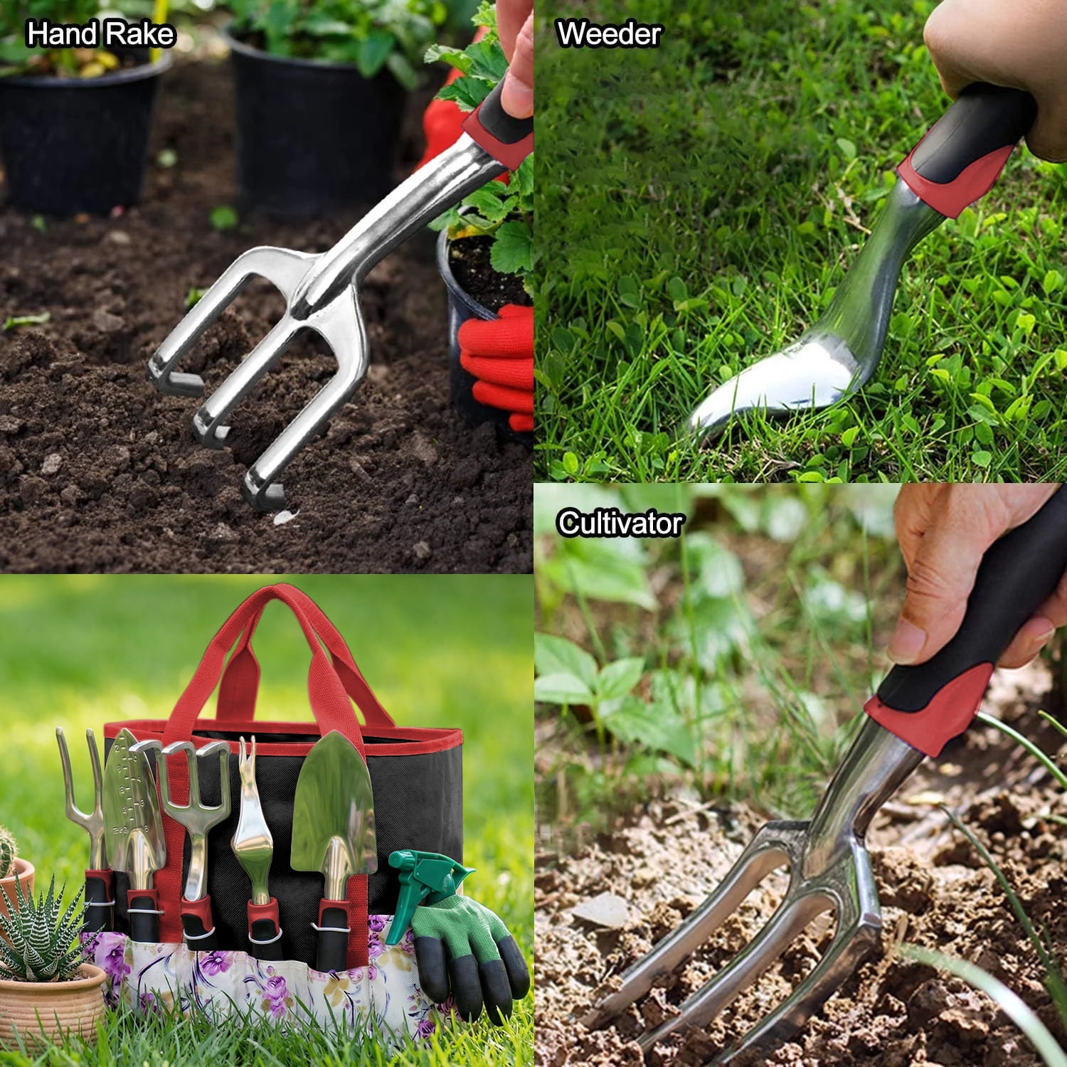 Gardening Tools Set, Aluminum Garden Tools for Gardening,Non-Slip Ergonomic Handle Tools,Storage Tote Bag,Gifts Hand Tools Set for Women(Red)
