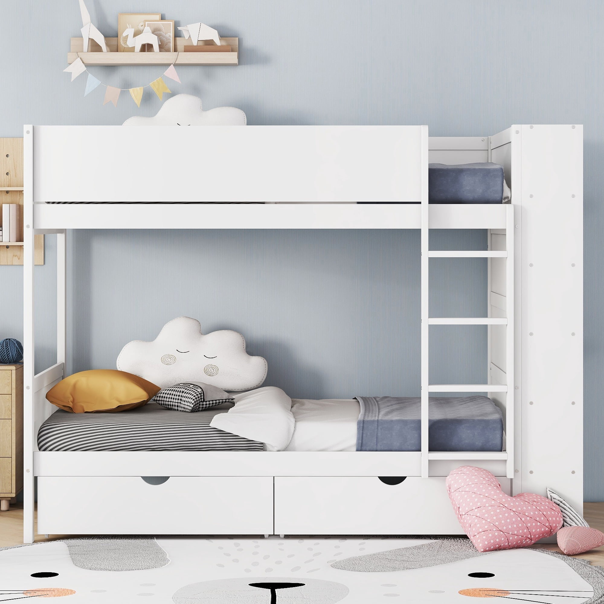 Euroco Wood Twin over Twin Bunk Bed with Drawers and Storage Shelves, White