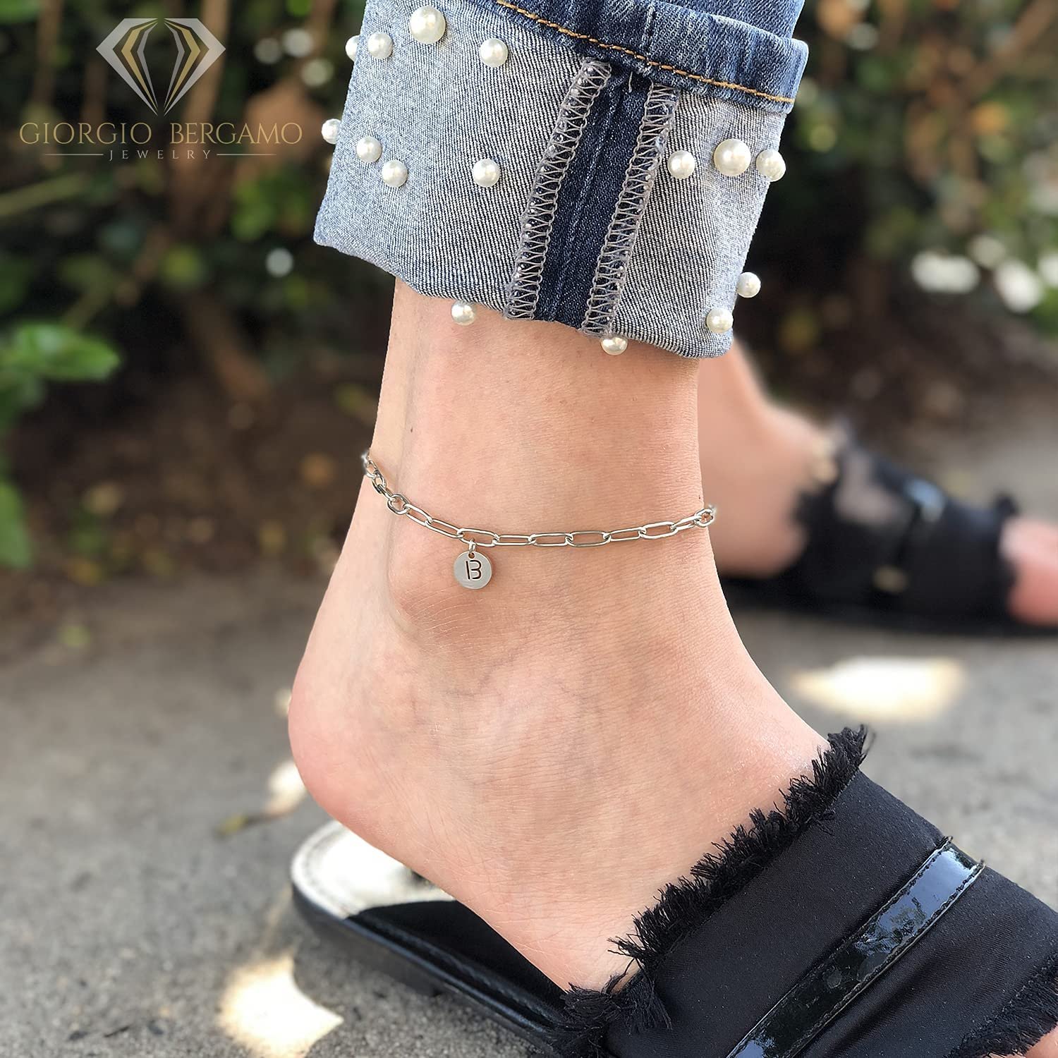 Giorgio Bergamo Stainless Steel White Gold Plated Paper Clip Initial Disc Anklet All 26 Letter Alphabet, Ankle Bracelet, S, Silver - image 3 of 4