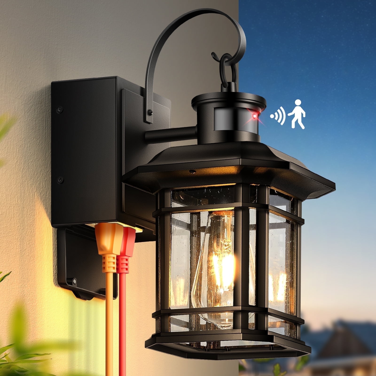 Porch Light with GFCI Outlet, Motion Sensor Outdoor Lights, Dusk to Dawn 3 Lighting Modes Outdoor Light with Outlet, Black Outside Lights for House, Garage, Garden, Waterproof, 100% Aluminum
