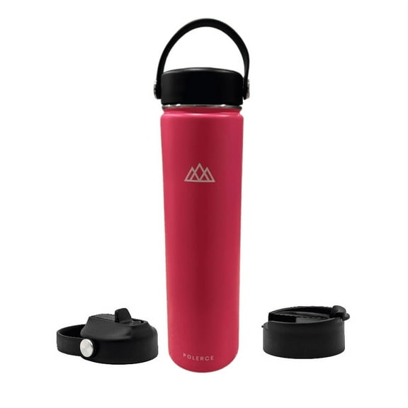 Vacuum Insulated Bottle with 3 Lids - Stainless Steel Thermally Insulated Flask - 24 Fl Oz - Pink - by Polerce