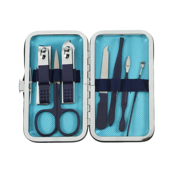 Unique Bargains 1 Set 7 in 1 Stainless Steel Manicure Tool Grooming Clippers Kit Manicure Pedicure Care Tools Blue