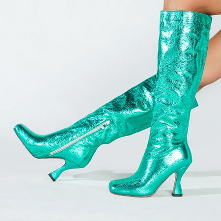 

YOTAMI Women s Boots Boots Square Toe Shoes Zip Shoes Fashion High Heel Shoes Knee-High Boots Shiny Stilettos Mid Heel Green 8.5