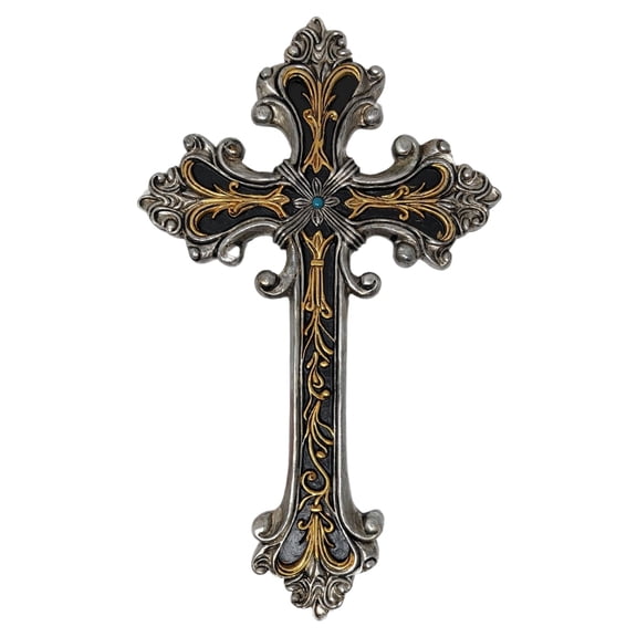 Rustic Gold and Silver Ornate Wall Cross – Vintage Scrollwork Resin Cross for Home, Church, or Office – Religious Wall Décor for Living Room or Bedroom