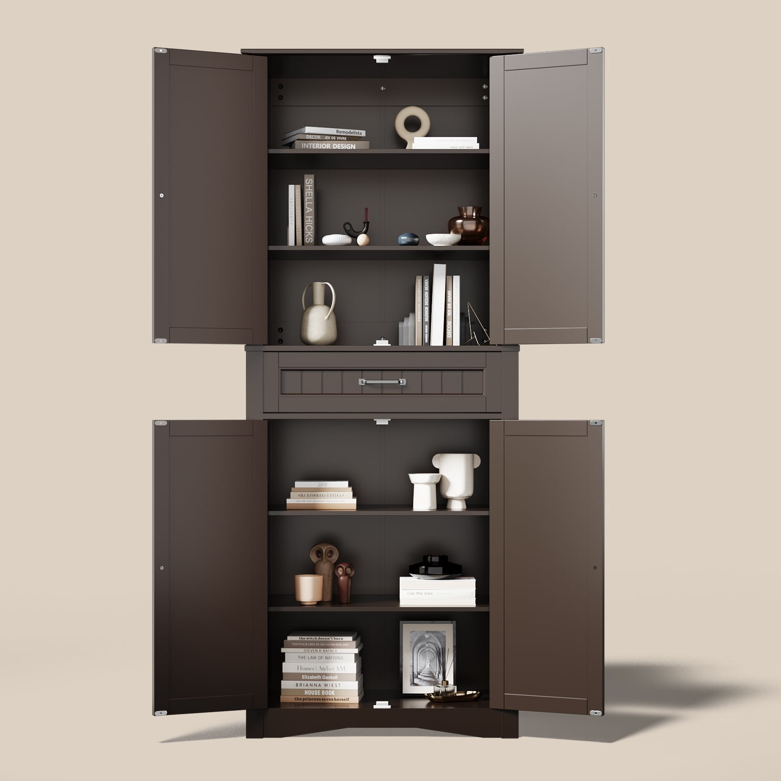 Asofer 71 Inch Tall Kitchen Pantry Cabinet with 4 Doors, Adjustable Shelves & 15" Deep Drawer, Dark Brown