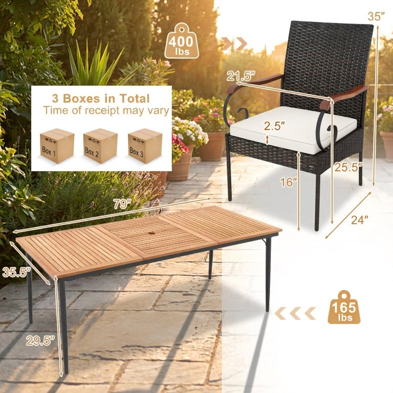 Biotree Patio Dining Set 9 Pieces Rattan Outdoor Conversation Set with Acacia Wood Table and 8 Cushioned Chairs for Garden Backyard Porch, Mix Gray