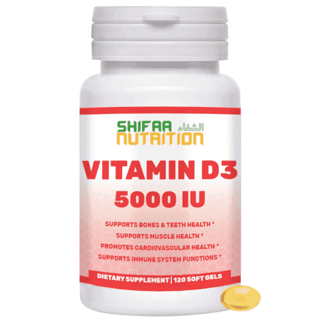 SHIFAA NUTRITION Vitamin D3 5000 IU Softgels, Halal, Non-GMO, 120 Ct – Supports Bone, Teeth, Muscle & Immune Health