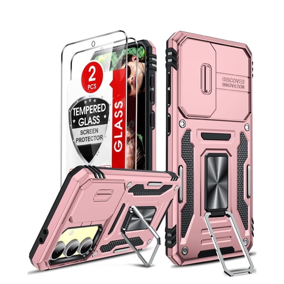 LeYi for Samsung S24 FE 5G Case: Military-Grade Heavy Duty Cover with Metal Ring Magnetic Kickstand with Tempered Glass Screen Protector [2 Pcs], Rose Gold