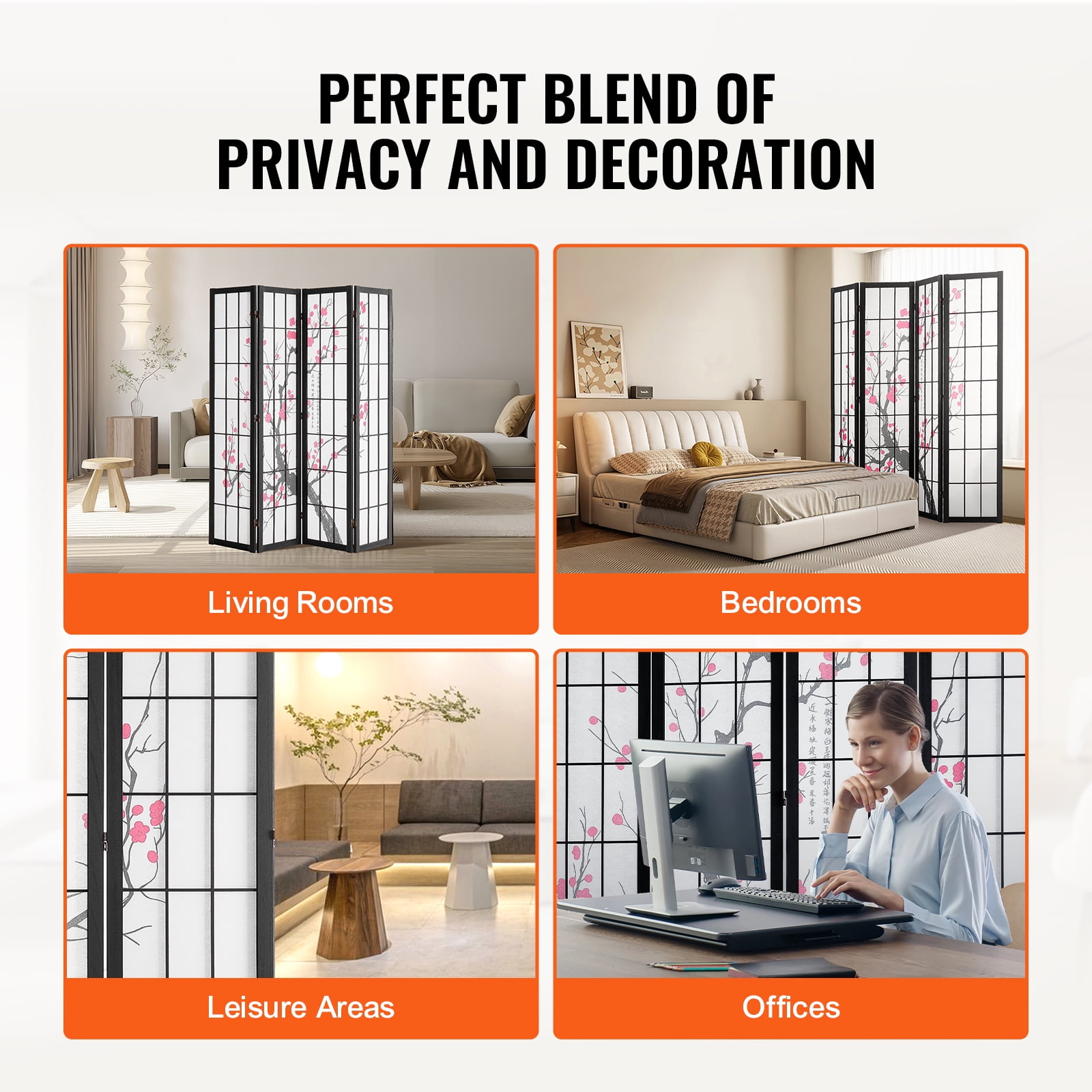 KFFKFF 4-Panel Japanese Room Divider Screen, Wooden Folding Privacy Screen for Indoor Use, Portable Partition for Room Separation and Decoration in Home, Office, Restaurant, and Bedroom