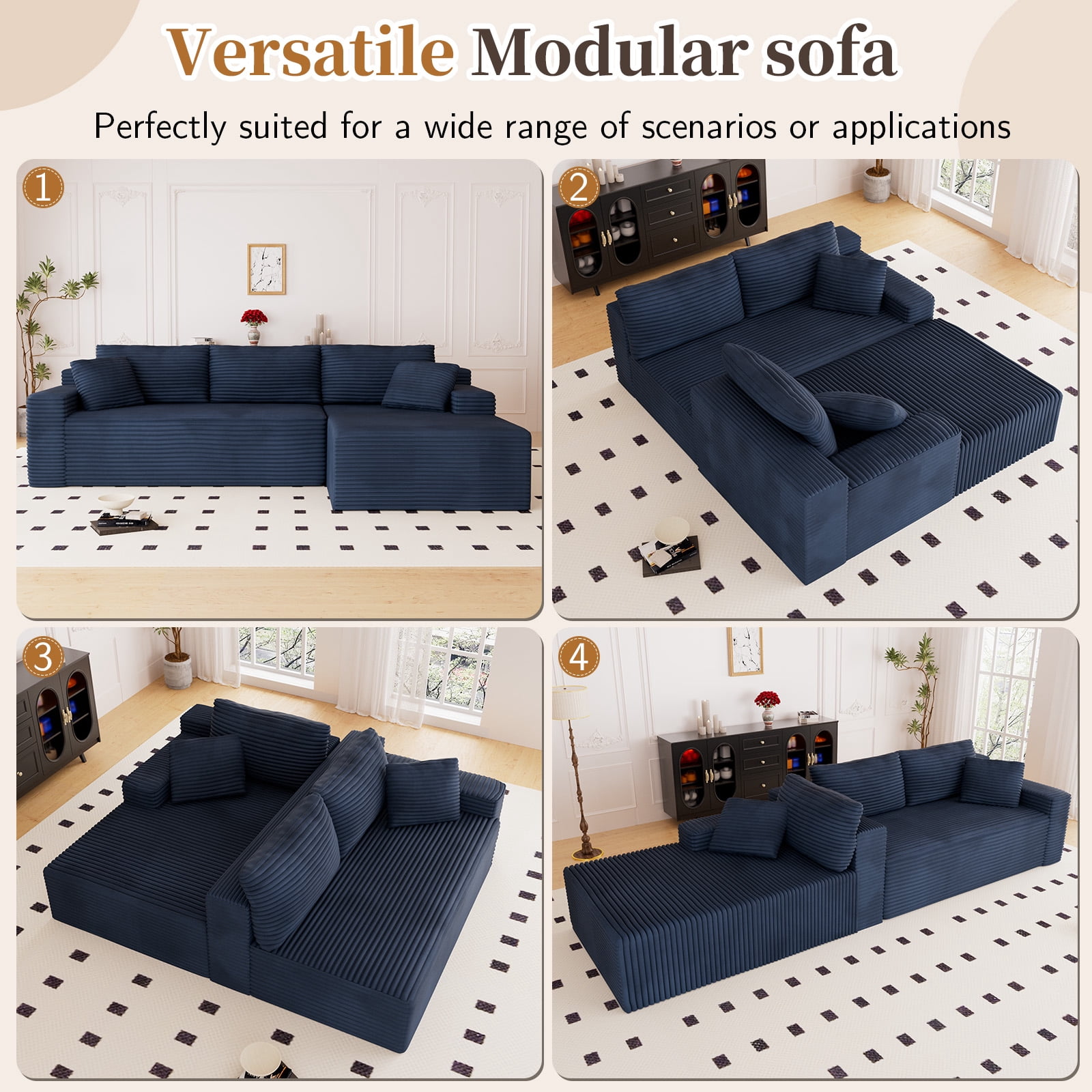 Lunale 105" Modular L-Shaped Sectional Sofa, Boneless Cloud Couch, No Assembly Required, Modern Deep Seat Corduroy Sofa for Living Room, Blue (Right Facing Chaise)