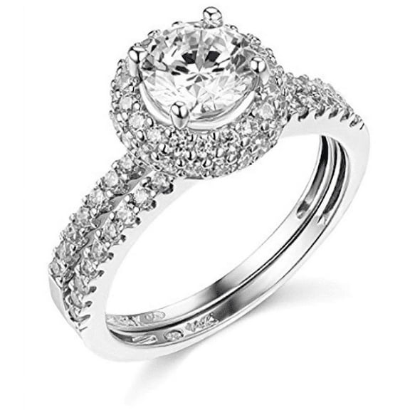 3 Ct Round Real 14K White Gold Halo Engagement Wedding Ring Set Matching Band