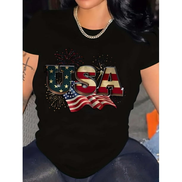 Vibrant Independence Day Flag Graphic T-Shirt - Soft Medium Stretch Polyester Crew Neck Short Sleeve Tee for Women - All Season Street Style, Machine Washable, Random Print Design