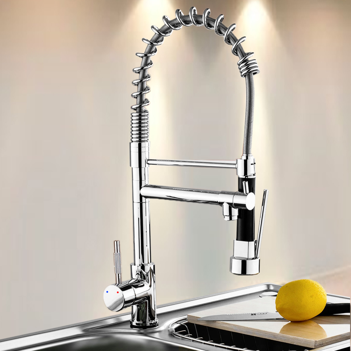 Modern Chrome Kitchen Swivel Faucet high Spout Single Handle Pull Down