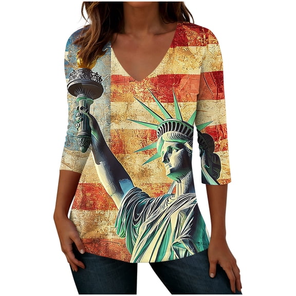 Levmjia Women T-Shirt Patriotic American Flag Star Print V Neck 3/4 Sleeve Casual Loose Fit Summer Top for