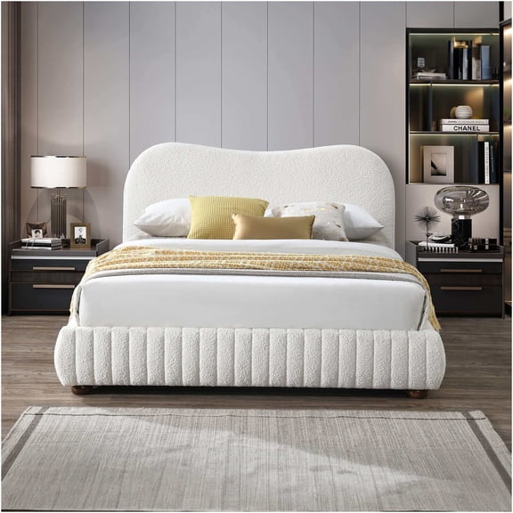 JERFIT Cream Boucle Upholstered Queen Platform Bed with Solid Wood Frame, Low Profile Modern Bedroom Furniture