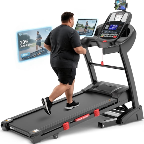20-Level Auto Incline Treadmill & 12 MPH Max Speed, Fold Treadmill with Upgraded Multifunctional Display, Wide Running Belt, Treadmill for Home, 400 LBS Load, App Sync