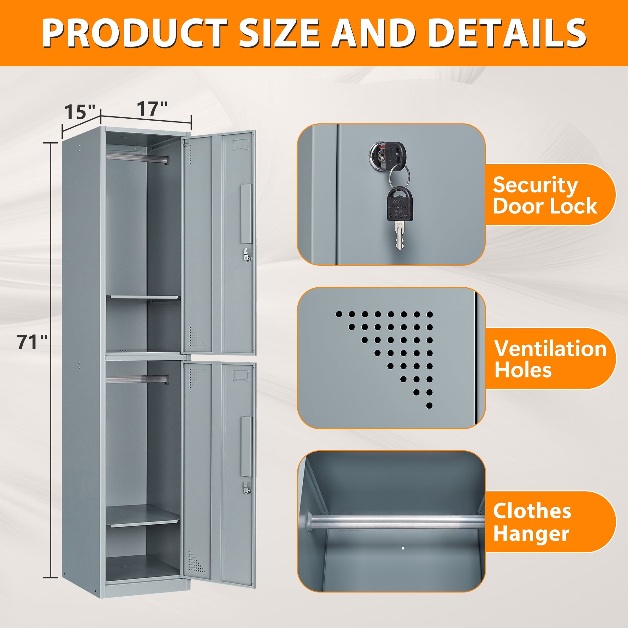 Fesbos Metal Locker 2 Lockable Door,71" Tall Steel Storage Cabinet for School Office Gym Home Employees Staff Sundries Room