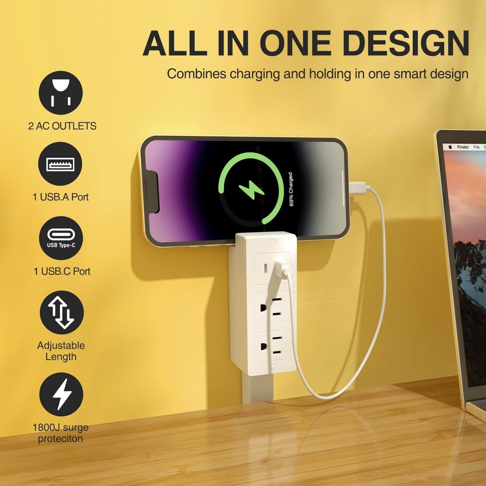Demine Outlet Extender Stick, Electrical Outlet Extender Features USB-A, USB-C, and 2 AC Electrical Outlet Extender Stick, Extends 18"-27", Use Behind Couches, Nightstands, Desks
