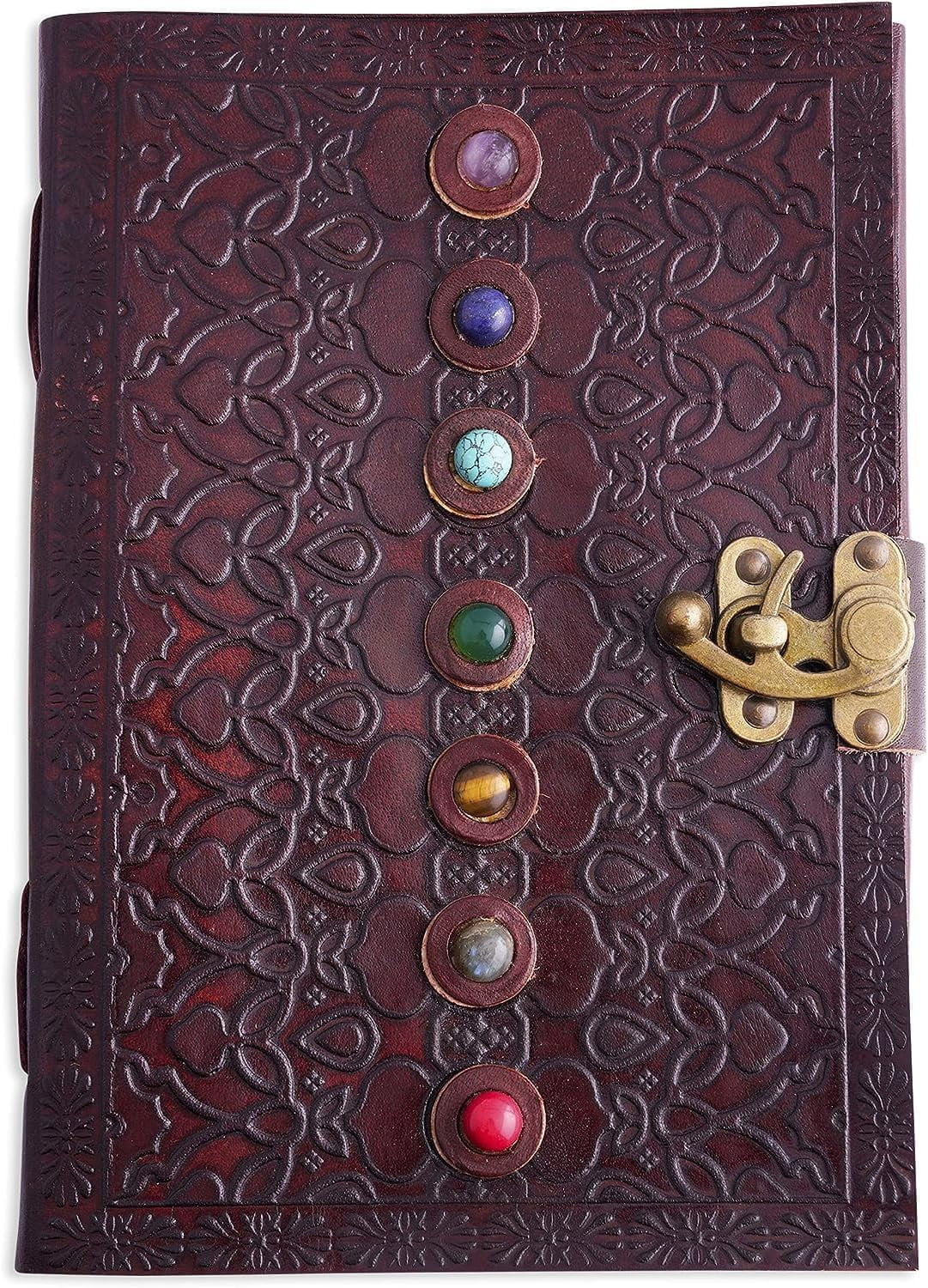 AUNERCART Leather Journal Seven Chakra Medieval Stone Unlined Note Book Office Diary College Poetry Rustic Vintage Day to Day Calendar 200 Pages Size 10x7 Inches