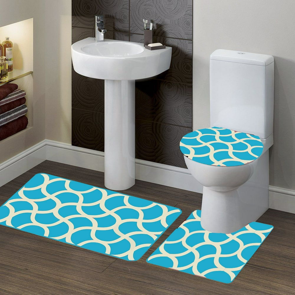 3PC (7) Geometric Aqua Blue HIGH QUALITY Jacquard Bathroom Bath Rug
