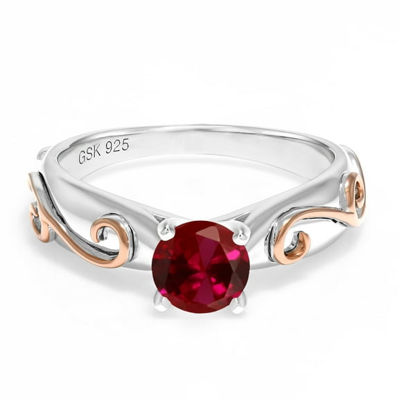Gem Stone King 1.00 Ct Round Red Created Ruby 925 Sterling Silver 2 Tone Vine Ring (Size 8)