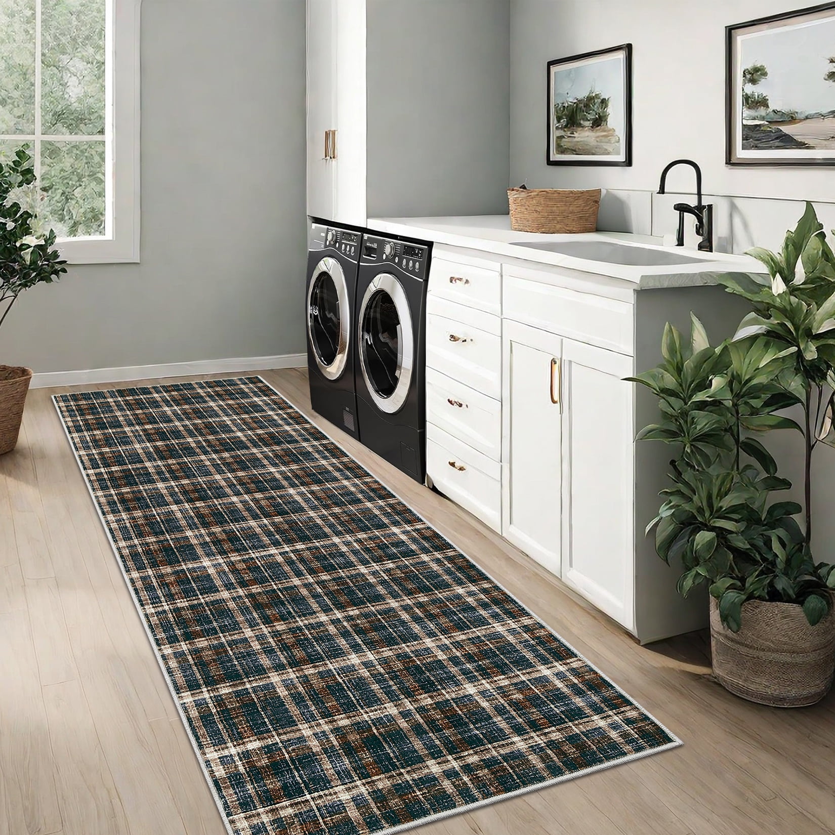 FairOnly Modern Geometric Plaid Non Slip 2'x6'Runner Rug British Style Machine Washable Soft Non Shedding Rug for Kitchen Hallway,Black Brown