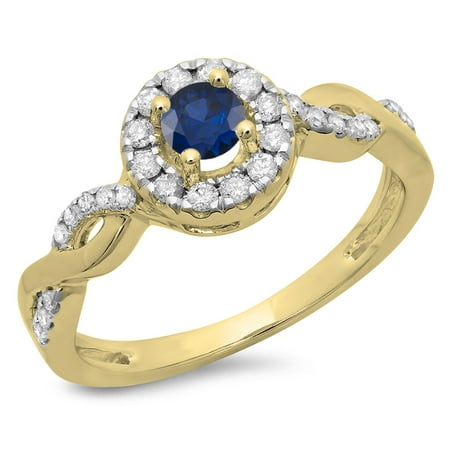 0.55 Carat (ctw) 18K Yellow Gold Round Cut Blue Sapphire & White Diamond Ladies Swirl Bridal Halo Engagement Ring 1/2 CT