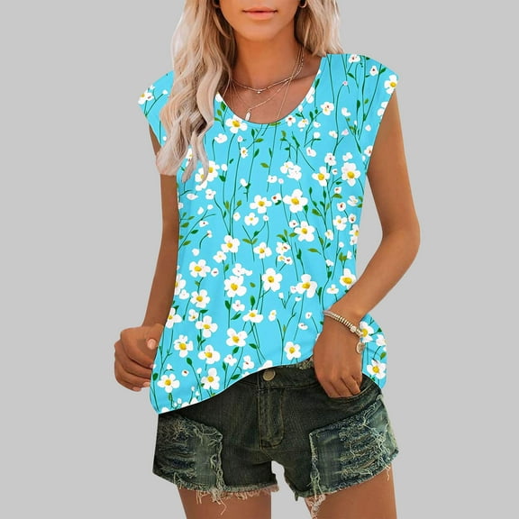Womens Tank Tops Plus Size under $5 Sleeveless Round Neck Cap Sleeve Printed Tank Casual Basic Shirts Loose Blouses Sky Blue 3XL