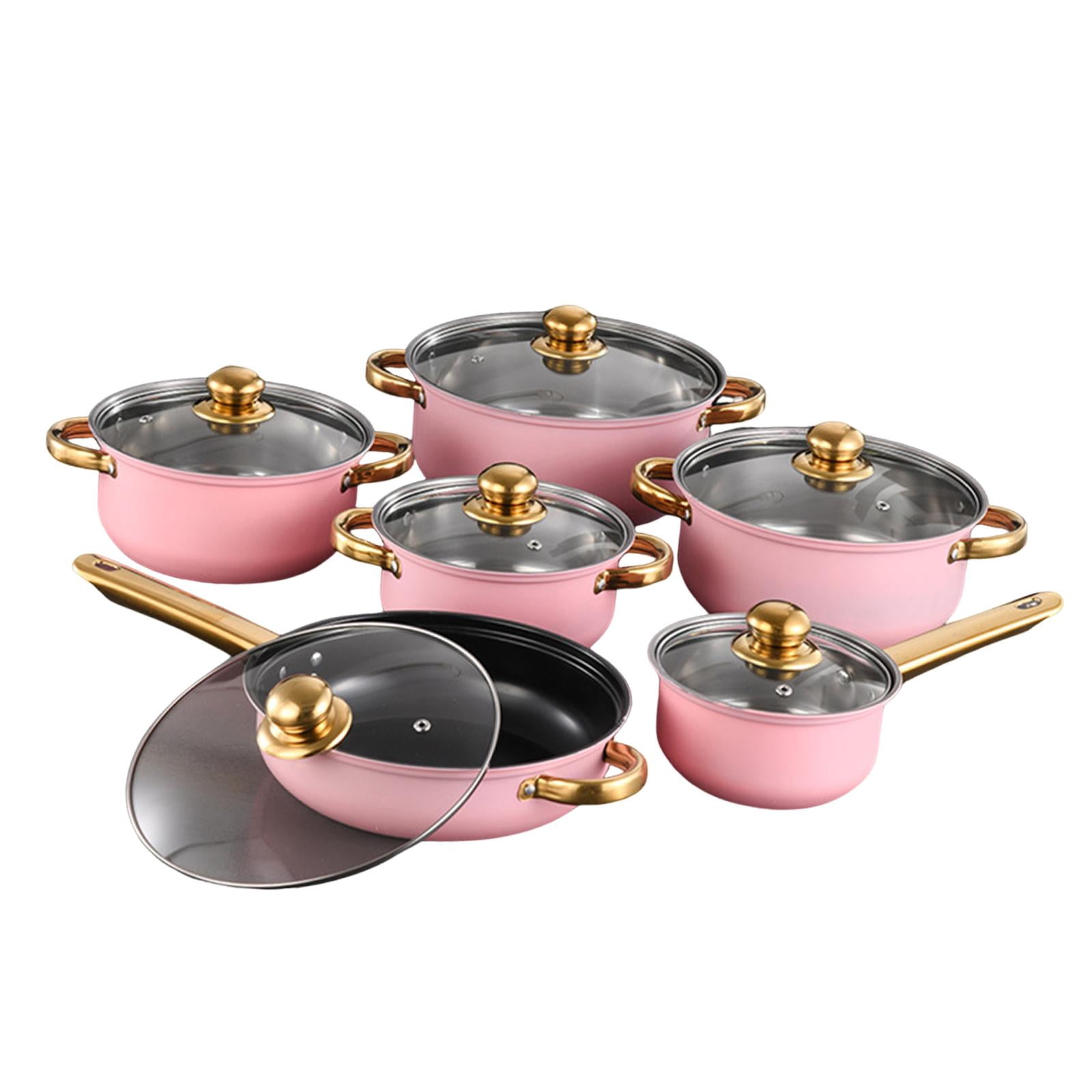 Nishiyuenyi 6 Pieces Stainless Steel Cookware Set Nonstick Pots and Pans Set for Kitchen Pink